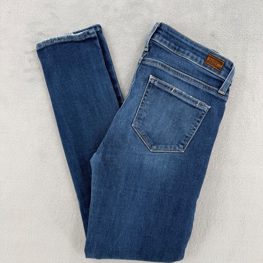 Paige Women Medium Wash Skinny Denim Jeans Blue Whiskered Low Mid Rise Size 27